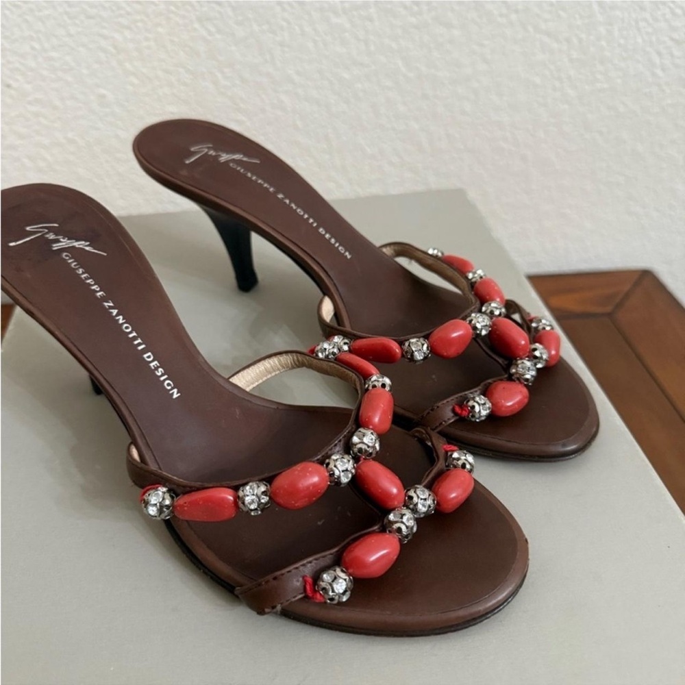 Giuseppe Zanotti Brown and Red Embellished Heels - Picture 2 of 7